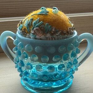 Blue Hobnob Glass Pincushion with Yellow Wool